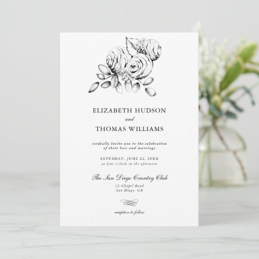 Pioen Bloemenkunst Schets Moderne Klassieke Bruilo Kaart (Staand voorkant)