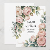 Pioen bloemenrand bruiloft kaart (Voorkant / Achterkant)