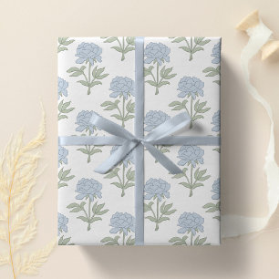 Pioen Bloemig Blokprint Cottage Wit Blauw Groen Cadeaupapier