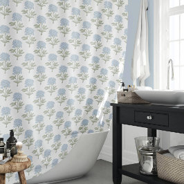 Pioen Bloemig Blokprint Cottage Wit Blauw Groen Douchegordijn