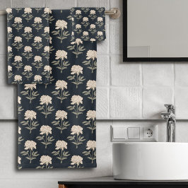 Pioen Bloemig Blokprint Vintage Botanisch Donker Bad Handdoek