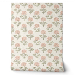 Pioen Bloemig Blokprint Vintage Cottage Zacht Roze Behang