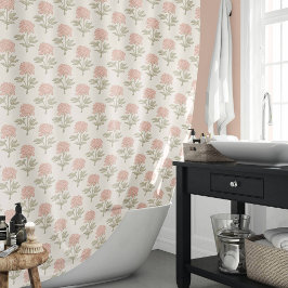 Pioen Bloemig Blokprint Vintage Cottage Zacht Roze Douchegordijn