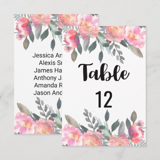 Pioen Bloemige Trouwtafel Nummer Zitplaatskaart Kaart (Voorkant / Achterkant)