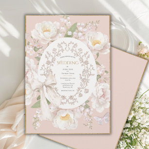 Pioen Bloemige Vintage Elegante Perzik Bruiloft Kaart
