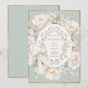 Pioen Bloemige Vintage Elegante Salie Bruiloft Kaart