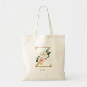 Pioen Bloemletter Z Gouden Monogram Bruidsmeisje Tote Bag