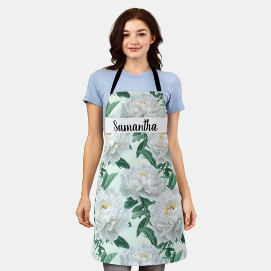 Pioen Bloempatroon Wit Gepersonaliseerd Schort (Gedragen)