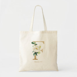 Pioen Bloemrijke Letter F Gouden Monogram Bruidsme Tote Bag