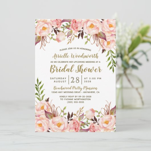 Pioen Blush Roze Gouden Bruids Douche Uitnodiginge Kaart (Staand voorkant)