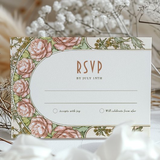 Pioen bruiloft RSVP invoegen Art Deco Mucha Kaart