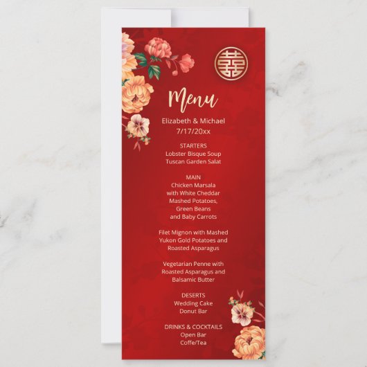 Pioen Chinees Bruiloft Menu Kaart (Voorkant)