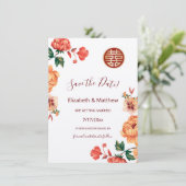 Pioen Chinees Huwelijk Dubbel Geluk Save The Date (Staand voorkant)