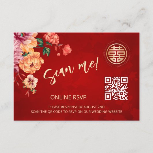Pioen Chinees Huwelijk QR Code RSVP Online Informatiekaartje (Voorkant)