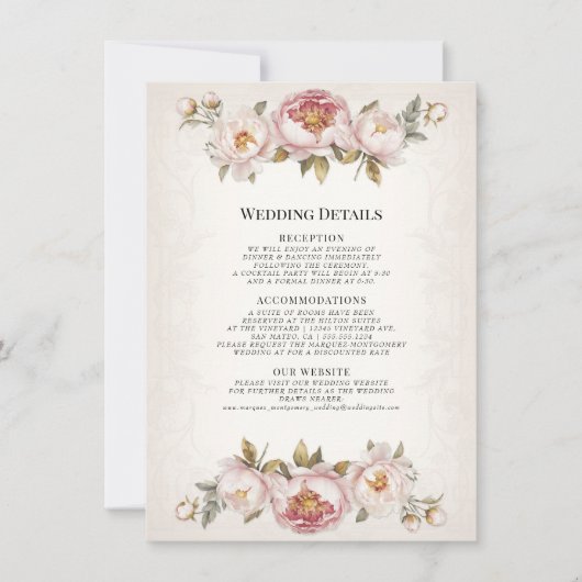 Pioen Elegant Bloemen Blush Roze en Ivoor Details Kaart (Voorkant)