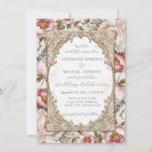 Pioen Elegant Bloemen Goud w Roze en Cream Bruilof Kaart (Voorkant)