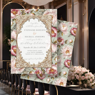 Pioen Elegant Bloemen Goud w Roze en Sage Bruiloft Kaart
