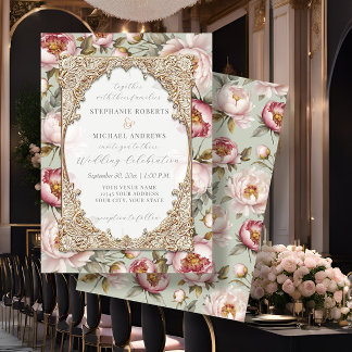 Pioen Elegant Bloemen Goud w Roze en Sage Bruiloft Kaart