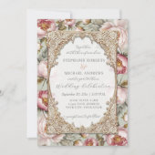 Pioen Elegant Bloemen Goud w Roze en Sage Bruiloft Kaart (Voorkant)