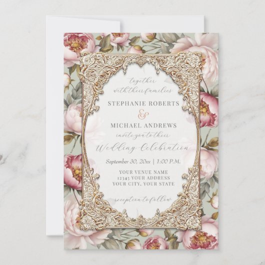 Pioen Elegant Bloemen Goud w Roze en Sage Bruiloft Kaart (Voorkant)