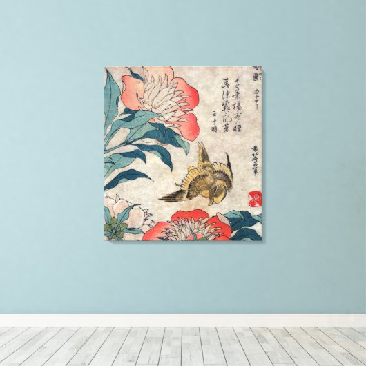 Pioen en Canary, Katsushika Hokusai Canvas Afdruk (Insitu (Houten vloer))