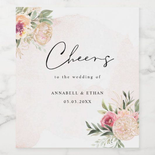 Pioen en Gouden Bloesem Bruiloftswijn Label Wijn Etiket (Enkel label)