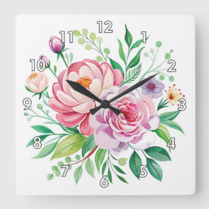 Pioen en Rozen Waterverf Bloemen Boeket Vierkante Klok
