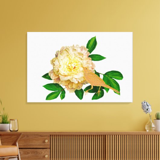 Pioen en Vogel Canvas Afdruk (Insitu (Woonkamer))