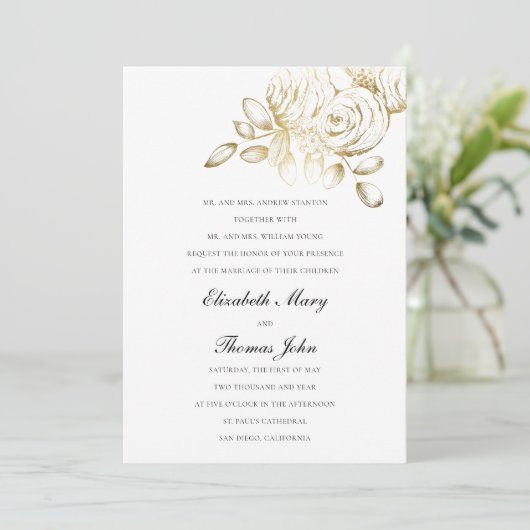 Pioen Faux Gouden Schets Formele Traditionele Huwe Kaart (Staand voorkant)