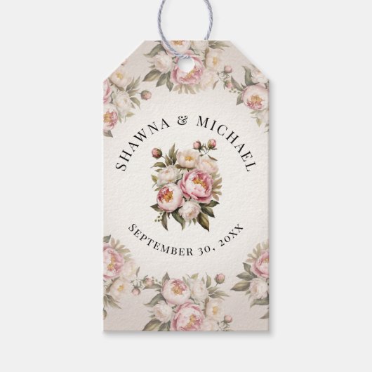 Pioen Floral Elegant Roze Waterverf Bruiloft Cadeaulabel (Voorkant)