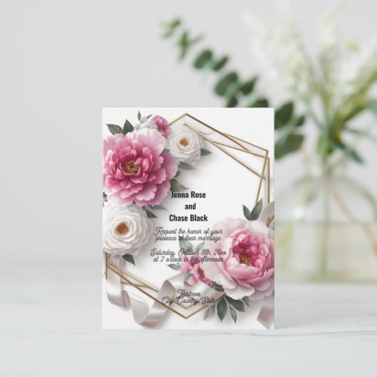 Pioen Geometrische krans Bruiloft uitnodiging (Staand voorkant)