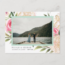 Pioen gouden bloemen Foto BRUILOFT SAVE THE DATE Aankondigingskaart