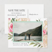 Pioen gouden bloemen Foto BRUILOFT SAVE THE DATE Aankondigingskaart (Voorkant / Achterkant)