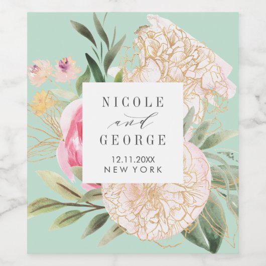 Pioen gouden bloemen gepersonaliseerde botanische  wijn etiket (Enkel label)