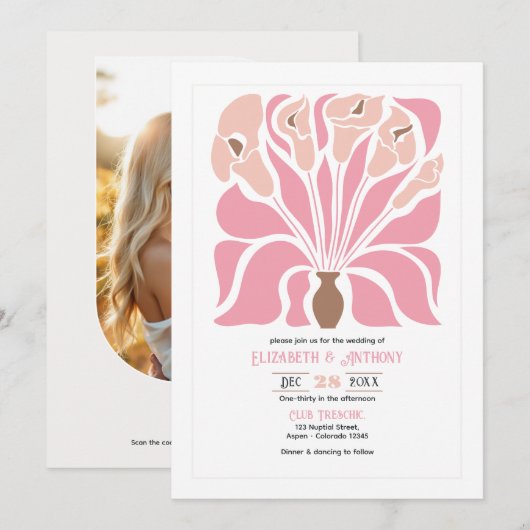 Pioen & Mocha Abstract Bloem Boho Bruiloft Kaart (Voorkant / Achterkant)