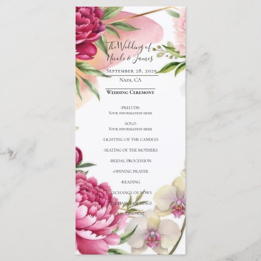 Pioen & Orchidee Tuin Bloemrijke Bruiloft Menu (Voorkant)