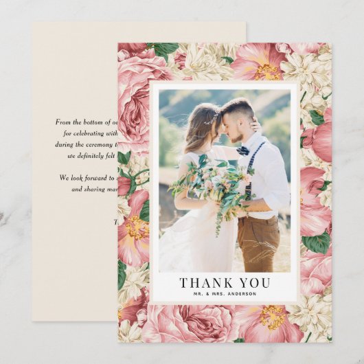  pioen patroon bruiloft foto bruiloft bedankkaart (Voorkant / Achterkant)