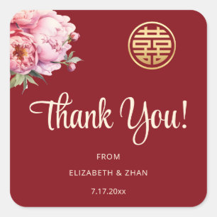 Pioen Rode Chinese bruiloft dank u Vierkante Sticker