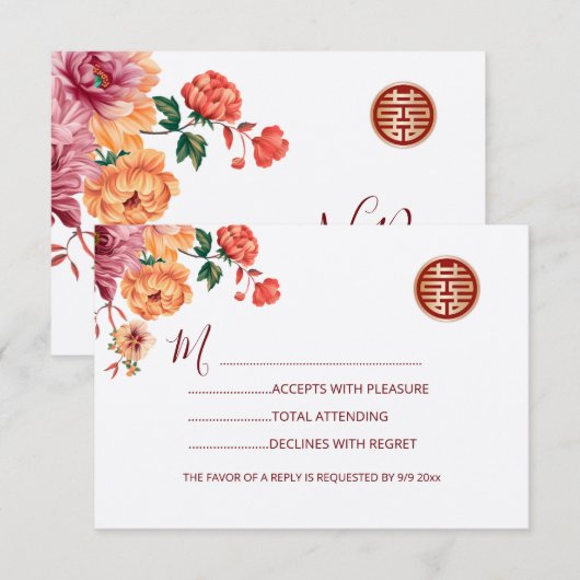 Pioen Rode RSVP Chinese bruiloft (Voorkant / Achterkant)