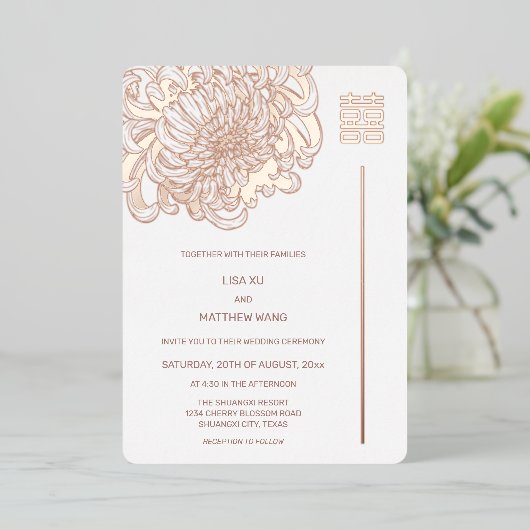 Pioen Roos Goud Wit Chinees Bruiloft Folie Uitnodiging (Staand Voorkant)
