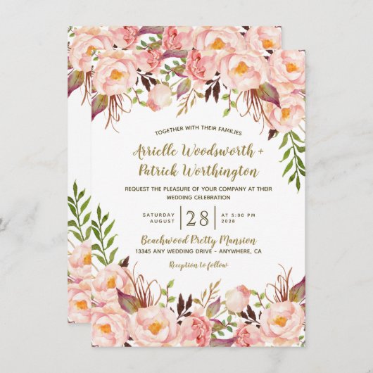 Pioen roze blush en gouden bruiloft uitnodigingen (Voorkant / Achterkant)