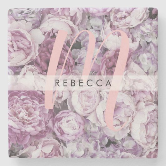 Pioen Roze Rozen Bloemen Script Monogram Stenen Onderzetter (Voorkant)