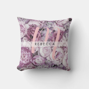 Pioen Roze Rozen Bloemrijke Monogram Naam Kussen