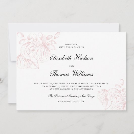 Pioen Roze Schets Moderne Klassieke Stijlvolle Bru Kaart (Voorkant)