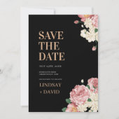 Pioen Rozen op Black Floral Save the Date Kaart (Voorkant)