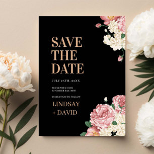 Pioen Rozen op Black Floral Save the Date Kaart