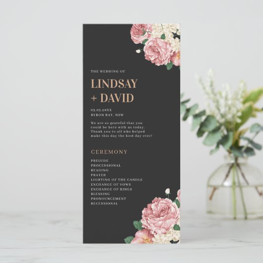 Pioen Rozen op Black Wedding Ceremony Programma (Staand voorkant)