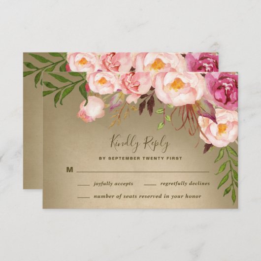 Pioen Rustieke Blush Bruiloft RSVP Kaarten (Voorkant / Achterkant)