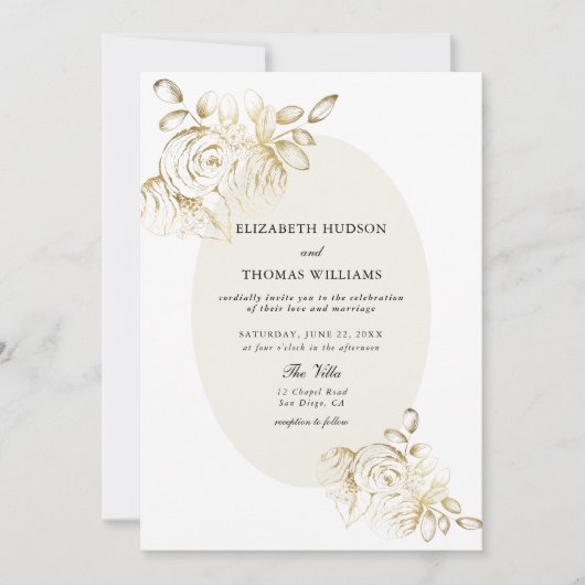 Pioen schets Faux Gold Classic Flora Lijst bruilof Kaart (Voorkant)