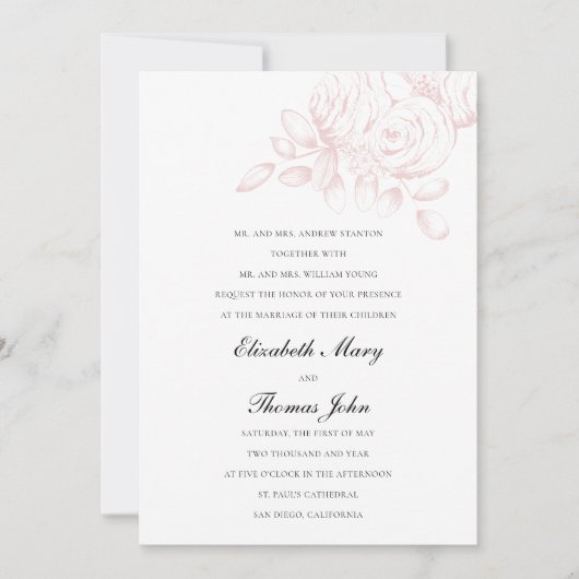 Pioen Schets Roze Blush Formele Traditionele Bruil Kaart (Voorkant)